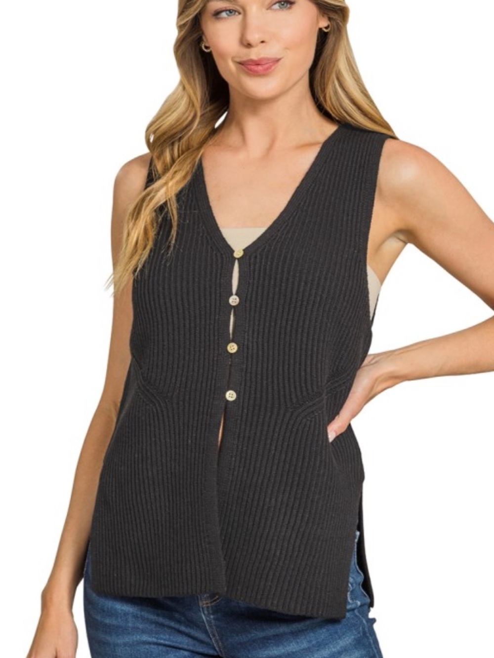 Sleeveless Ribbed Button-Front Knit Vest - Black